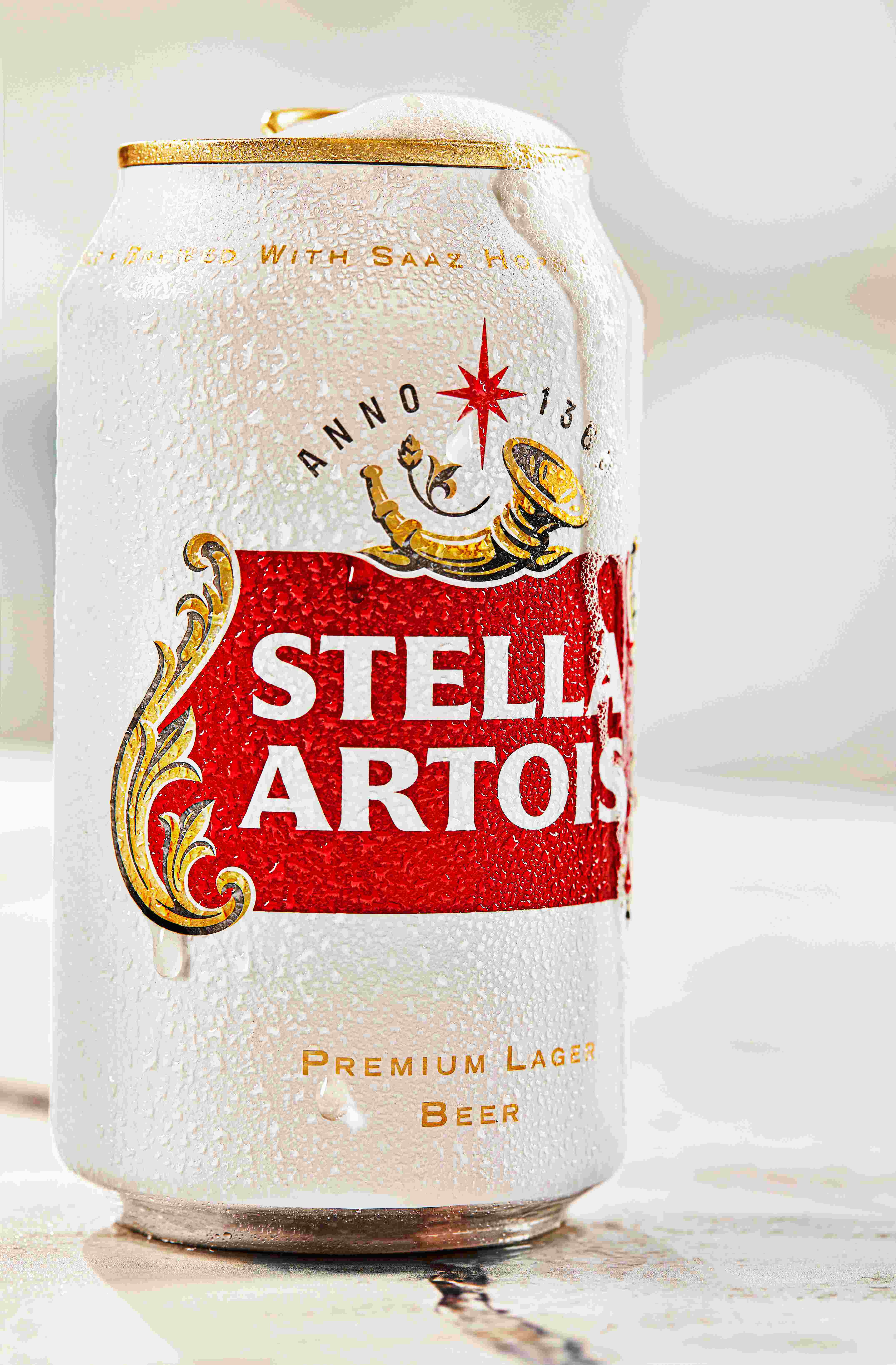 Stella Artois can with beer froth 